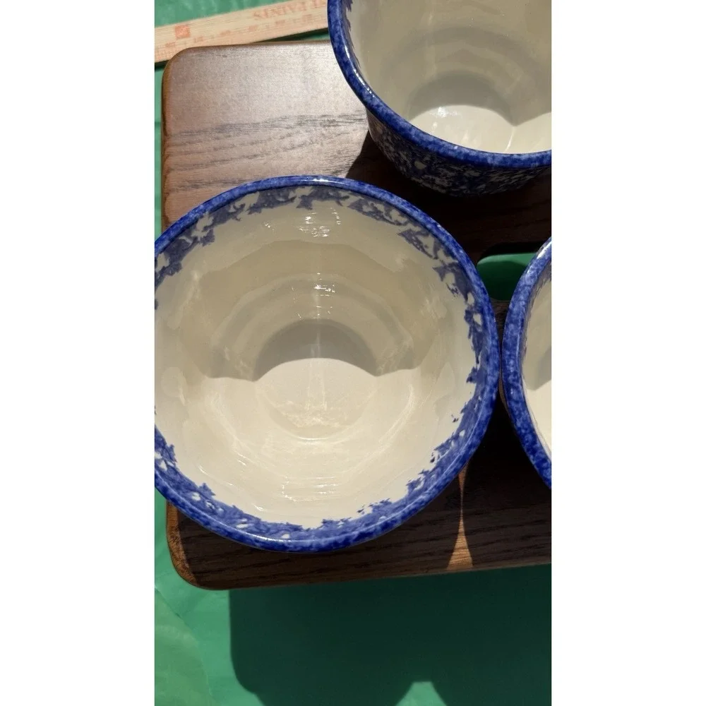 Set of 4 Blue Spongeware Farm Animal Bowls Rustic Pottery Cups‎